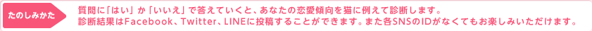 たのしみかた｜質問に「はい」か「いいえ」で応えていただくと、あなたの恋愛傾向を猫にたとえて診断します。診断結果はFacebook、Twitter、LINEに投稿することができます。また各SNSのIDがなくてもお楽しみいただけます。